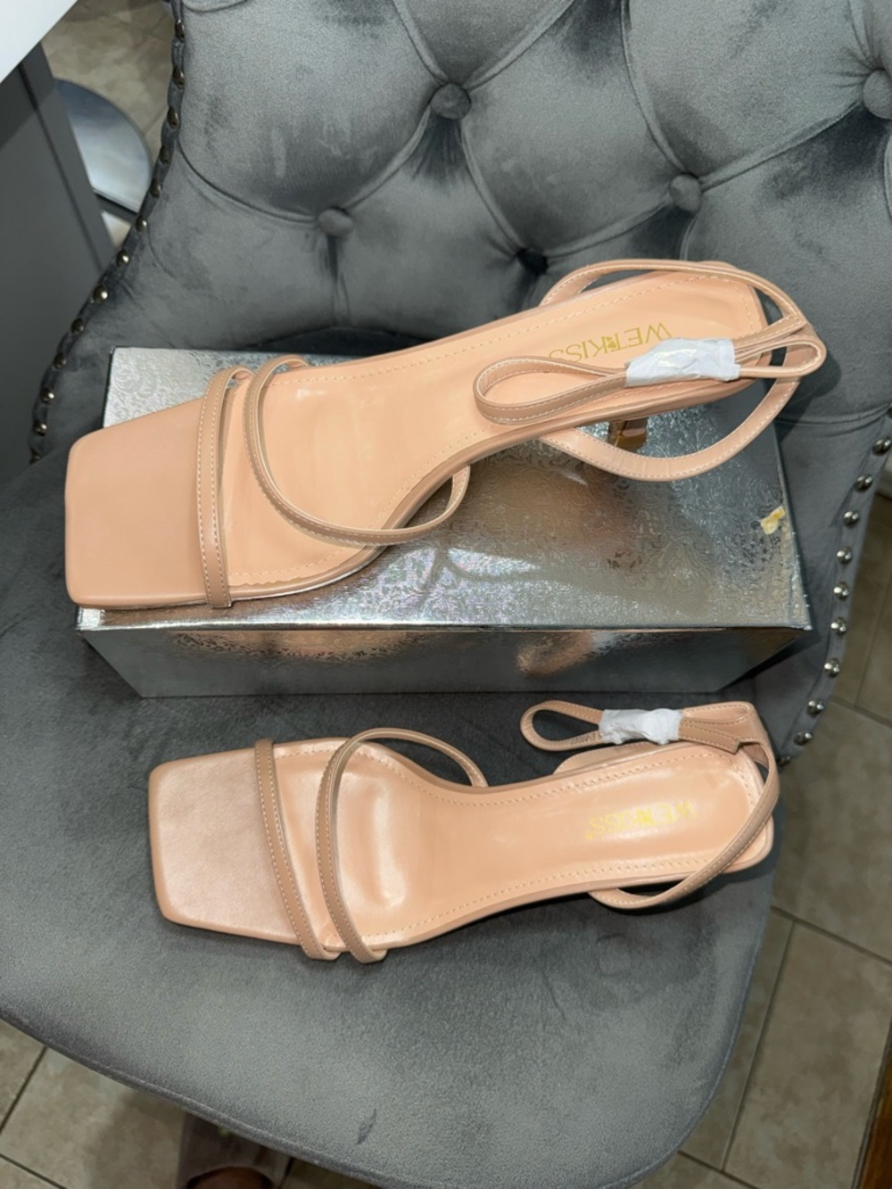 WeKiss Nude Strappy Square-Toe Low Heel Sandals